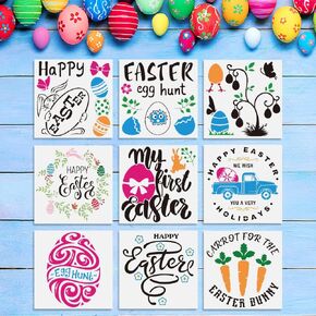 9 PCS Easter Stencils for Painting on Wood, Easter Bunny Eggs Reusable Plastic Stencils Truck Egg Tree Stencil Happy Easter Words Craft Painting Templates for Easter Spring Party DIY Home Decor
