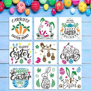 9 PCS Easter Stencils for Painting on Wood, Easter Bunny Eggs Reusable Plastic Stencils Truck Egg Tree Stencil Happy Easter Words Craft Painting Templates for Easter Spring Party DIY Home Decor