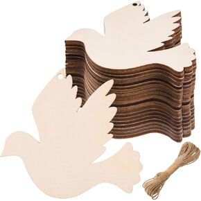 Awizom 48 pcs قواطع خشبية على شكل الطيور الخشبية غير المكتملة شكل حمامة الشكل الحلي النمطية الفارغة الطيور الخشبية لطلاء شرائح الطيور الخشبية مع خيوط لعلامات الحرف DIY عيد ميلاد دش الطفل المعلقة ، 3.94x3.78