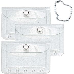 Mogoostry A7 Binder Pockets 3PCS Clear Coin Purse 6 Holes Binder Pouches Snap Closure Clear Glitter Wallet Card Holder Keychain Pouch Organizer