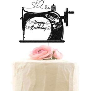 Sewing Machine Happy Birthday Cake Topper Sewing Tool Tailor Seamstress Theme Birthday Party Decorations Supplies Black Glitter