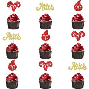 24Pcs Aries Cupcake Toppers, Zodiac Themed Birthday Cake Picks, Big Aries Energy, Aries Season, Aries Birthday Party Decorations, Red ＆ Gold Glitter