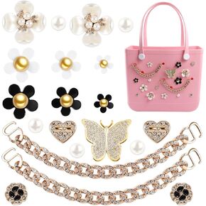 20 Pcs Charms for Bogg Bag Butterfly & Pearl Flowers Chain for Bogg Bag Accessories Charms Compatible with Simply Modern Beach Bag Tote, Insert for Rubber Beach Tote Bag
