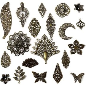 120Pcs Filigree Connectors Antique Bronze Tibetan Metal Filigree Charms Pendants Links Vintage Filigree Embellishments for Jewelry Making Earrings Hairpin Necklace DIY Craft