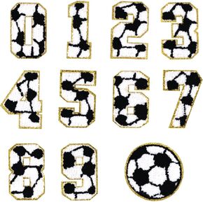 11pcs Number Iron On Patches, Soccer Style 0-9 Number Gold Edges Chenille Embroidered Iron on and Sew on Patches Applique for Decorative Repair Clothing Jackets Backpacks