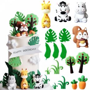 18 PCS Jungle Safari Animal Cake Topper with Giraffe Hippo zebra Squirrel for Wild Animals Themed Birthday Baby Shower Party Supplies Safari Cake Decoration