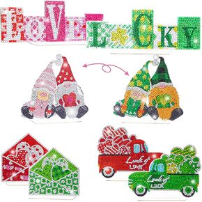 WGXX 4PCS Valentines Day Decor/St. Patricks Day Diamond Painting Decorations Truck Envelope Word Gnomes Diamond Painting Kits DIY Crystal Paint Arts and Crafts Set Acrylic Paint for Home Party Decor