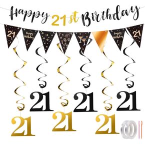 21st Birthday Decorations, Happy 21st Birthday Decorations 21st Birthday Decorations for Him Her with Birthday Banner Bunting Swirls Streamers Black and Gold 21st Birthday Banner for Birthday Party