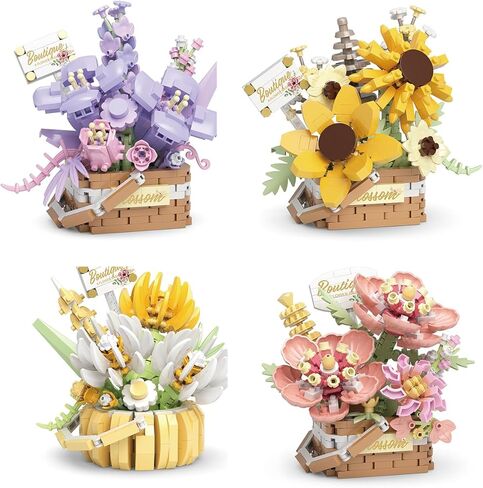 Flower Bouquet Building Decoration Bonsai Flower Basket Miniature Building Blocks Set, Artificial Flowers Building Toys Botanical Collection DIY Unique Decoration Home (4set) in Kuwait