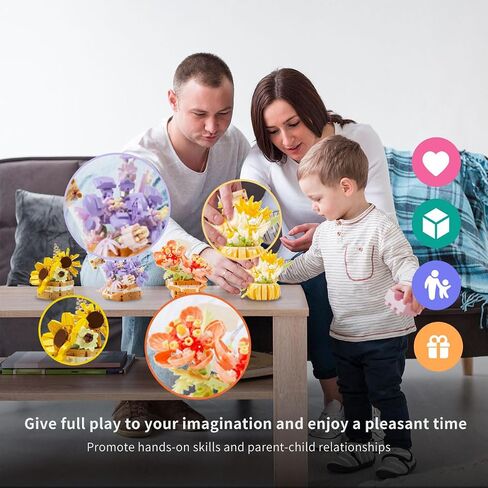 Flower Bouquet Building Decoration Bonsai Flower Basket Miniature Building Blocks Set, Artificial Flowers Building Toys Botanical Collection DIY Unique Decoration Home (4set) in Kuwait