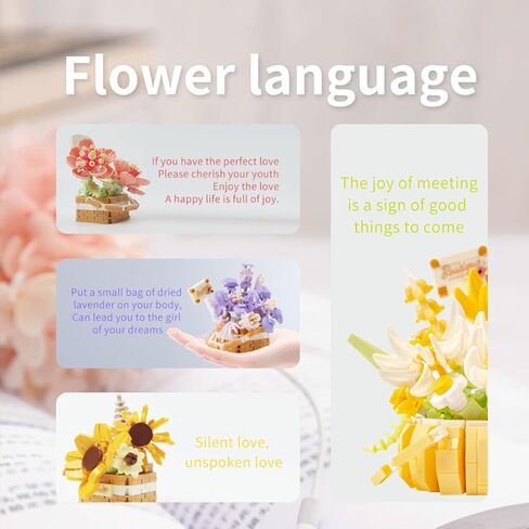 Flower Bouquet Building Decoration Bonsai Flower Basket Miniature Building Blocks Set, Artificial Flowers Building Toys Botanical Collection DIY Unique Decoration Home (4set) in Kuwait