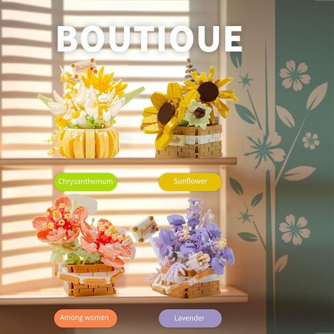 Flower Bouquet Building Decoration Bonsai Flower Basket Miniature Building Blocks Set, Artificial Flowers Building Toys Botanical Collection DIY Unique Decoration Home (4set) in Kuwait