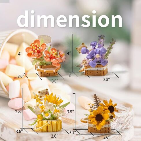 Flower Bouquet Building Decoration Bonsai Flower Basket Miniature Building Blocks Set, Artificial Flowers Building Toys Botanical Collection DIY Unique Decoration Home (4set) in Kuwait