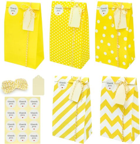 SMINTINE 30-Pack Yellow Paper Goodie Bags With Thank You Stickers Paper Tags Yellow & White Cotton Bakers Twine String 5x3x9 Inch Party Favor Bag Yellow Goodie Bags For Kids Birthday, Baby Shower in Saudi Arabia