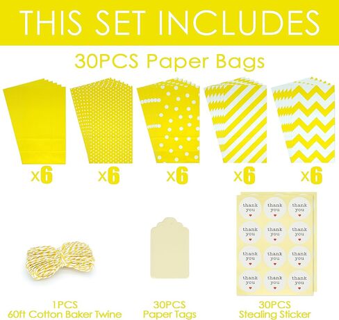 SMINTINE 30-Pack Yellow Paper Goodie Bags With Thank You Stickers Paper Tags Yellow & White Cotton Bakers Twine String 5x3x9 Inch Party Favor Bag Yellow Goodie Bags For Kids Birthday, Baby Shower in Saudi Arabia