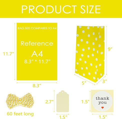 SMINTINE 30-Pack Yellow Paper Goodie Bags With Thank You Stickers Paper Tags Yellow & White Cotton Bakers Twine String 5x3x9 Inch Party Favor Bag Yellow Goodie Bags For Kids Birthday, Baby Shower in Saudi Arabia