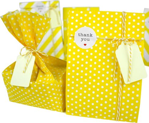 SMINTINE 30-Pack Yellow Paper Goodie Bags With Thank You Stickers Paper Tags Yellow & White Cotton Bakers Twine String 5x3x9 Inch Party Favor Bag Yellow Goodie Bags For Kids Birthday, Baby Shower in Saudi Arabia