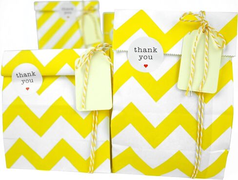 SMINTINE 30-Pack Yellow Paper Goodie Bags With Thank You Stickers Paper Tags Yellow & White Cotton Bakers Twine String 5x3x9 Inch Party Favor Bag Yellow Goodie Bags For Kids Birthday, Baby Shower in Saudi Arabia