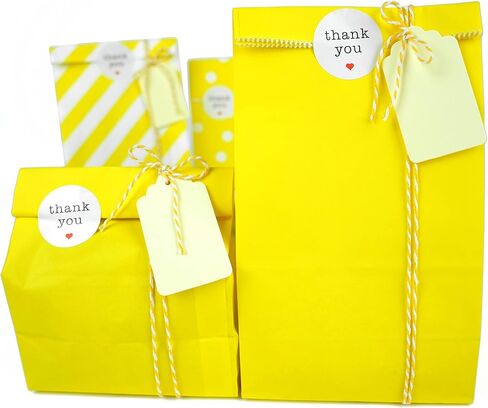 SMINTINE 30-Pack Yellow Paper Goodie Bags With Thank You Stickers Paper Tags Yellow & White Cotton Bakers Twine String 5x3x9 Inch Party Favor Bag Yellow Goodie Bags For Kids Birthday, Baby Shower in Saudi Arabia