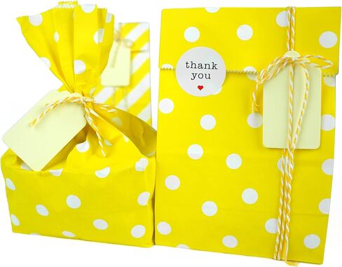 SMINTINE 30-Pack Yellow Paper Goodie Bags With Thank You Stickers Paper Tags Yellow & White Cotton Bakers Twine String 5x3x9 Inch Party Favor Bag Yellow Goodie Bags For Kids Birthday, Baby Shower in Saudi Arabia