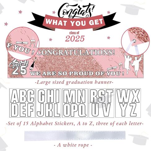 2023 Graduation Banners Graduation Decorations Party Supplies Personalized Congrats Grad Banner with 78 Alphabet Stickers for Car, High School, College, Doctorate Class Backdrop 71 x 16 Inch (Pink) in Kuwait