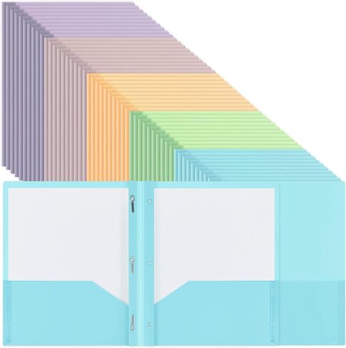 50 Pcs Cute Plastic Folders with Pockets and 3 Prongs, Pastel Colors, Durable File Folders with Fasteners and Pockets for Documents, Tear Resistant Office, School Supplies in Saudi Arabia
