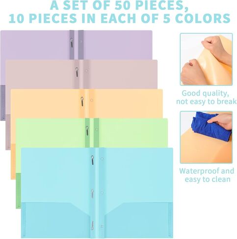 50 Pcs Cute Plastic Folders with Pockets and 3 Prongs, Pastel Colors, Durable File Folders with Fasteners and Pockets for Documents, Tear Resistant Office, School Supplies in Saudi Arabia