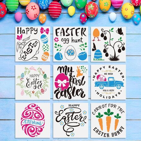 9 PCS Easter Stencils for Painting on Wood, Easter Bunny Eggs Reusable Plastic Stencils Truck Egg Tree Stencil Happy Easter Words Craft Painting Templates for Easter Spring Party DIY Home Decor in Kuwait