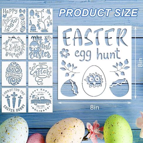 9 PCS Easter Stencils for Painting on Wood, Easter Bunny Eggs Reusable Plastic Stencils Truck Egg Tree Stencil Happy Easter Words Craft Painting Templates for Easter Spring Party DIY Home Decor in Kuwait
