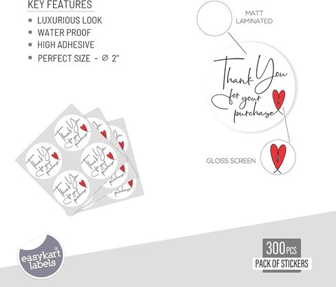 easykart labels 300 Thank You for Your Purchase Sticker Labels | White Background with Red Heart Design | 2" Inch Round | Highly Recommended for Small Business Owners in Saudi Arabia