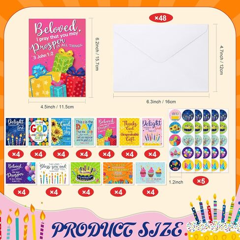 48 Pack Religious Christian Birthday Cards Bulk with Scripture Assorted Bible Verse 4.5 x 6.2 Inch Christian Blessings Birthday Greeting Cards with Envelopes and Stickers(Classic Style) in Kuwait