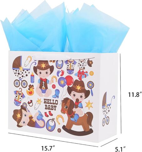 ysmile Cowboy Large Gift Bag with Wrapping Tissue for Baby Shower 12.6" - Boy in Saudi Arabia