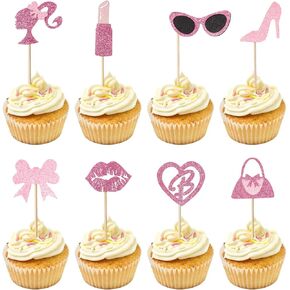 24 PCS Hot Pink Cupcake Toppers Princess Cupcake Toppers Glitter Princess Cupcake Topper with Heart, Bow, Lip, Handbag, Lipstick, Glasses, Lady, High Heel for Princess Wedding Shower Supplies