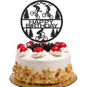 Mountain Biking Happy Birthday Cake Topper, Bicycle/Bike Birthday Cake Decor, BMX Party Decorations Black Glitter
