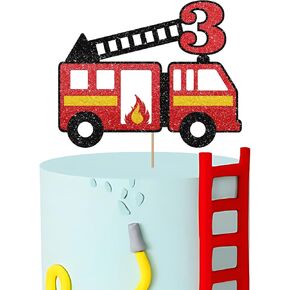 Fire Truck 2nd Birthday Cake Topper, Little Fireman Two Cake Topper for Boys, Fire Hydrant Truck Firefighter Second Birthday Cake Decor, Firetruck 2nd Anniversary Decoration - Red Glitter