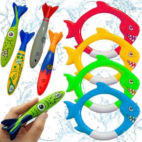 Shark Diving Rings and Swimming Pool Torpedo Toys Set – Underwater Torpedo Rockets with Shark Fish Rings for Swimming Training, Water Games and Family Fun | 8-Piece Dive Toys for Kids & Adults