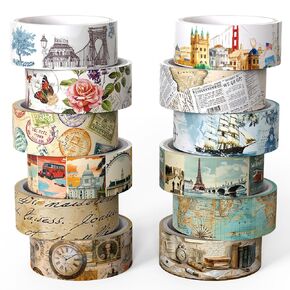 Vintage Washi Tape Set,12 Rolls Holiday Travel Aesthetic Decorative Tape Retro Poster Map Stamp Clocks Architecture Masking Washi Tape for Journaling Supplies, Scrapbooking, DIY Arts & Crafts