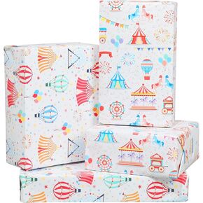 Holiday Wrapping Paper 12 Sheets Amusement Park Carnival Wrapping Paper Carousel Hot Air Balloon Ferris Wheel Colorful Printed Fun Wrapping Paper Gift Wrap Paper Folded Flat for Birthday - 20"×28"