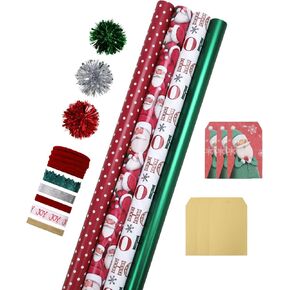 LaRibbons Kraft Christmas Wrapping Paper Set, 30 Inch X 10 Feet (4 Rolls: 100 Sq. Ft. Ttl) Snowflake, Green Tree, Deer Antlers and Gift Box Shapes Design for Xmas, Party, Holiday, Celebration