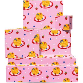 CENTRAL 23 Pink Wrapping Paper For Her - 6 Sheets Of Gift Wrap - Blueberry And Strawberry Pancakes - Heart - Girls Wrapping Paper - Comes With Stickers