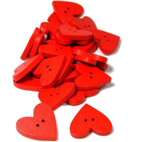 30 Big 1 inch Red Wooden Flat Whimsical Heart Wood Buttons with 2 Holes for Sewing, Linking, Arts & Crafts