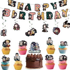 38Pcs Demon Slayers Birthday Party Supplies Pack Includes Birthday banner,Cake topper,Cupcake topper,spiral for the Demon Slayers Birthday Party Decorations