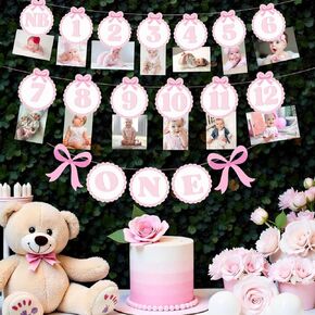 Bow First Birthday Decorations, 1st Birthday Picture Banner, One Year Girls Just Wanna Be One Decorations, Monthly Picture Pink Bow Milestone Banner Baby Newborn to 12 Months Photo Banner Party Decor