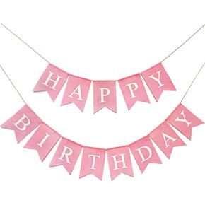 Happy Birthday Banner Pink, Pre-assembled Reusable Imitated Burlap Birthday Banner for Women Girls Pink Birthday Party Decorations