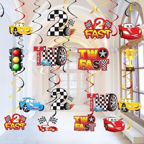 Race Car 2 Fast Birthday Decorations Hanging Swirls for Boys, 16Pcs Car Theme 2nd Birthday Foil Swirls Party Supplies, 2 Year Old Let's Go Racing Birthday Party Ceiling Decor
