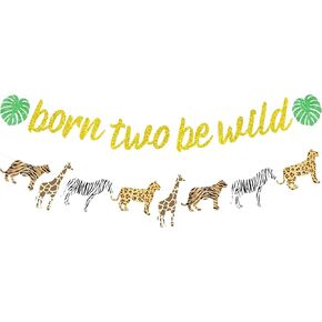 Sursurprise Jungle 3rd Birthday Decorations Young Wild and Three Banner Glitter Safari Animal Print Bunting Garland for Boys or Girls Wild Three Birthday Decorations Third Birthday Party