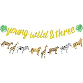 Sursurprise Jungle 3rd عيد ميلاد ديكورات شابة وايلد وثلاثة لافتة بريق Safari Print Print Grand For Boys أو Girls Three Birthder Three حفلة عيد ميلاد ثالثة حفلة عيد ميلاد ثالث in Kuwait