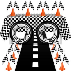 24 Pcs Race Car Theme Birthday Party Supplies, 8 Pcs Traffic Cones, 12 Black and White Checkered Flags, 2 Inflatable Tire Tubes, Black Floor Runner, Checkered Tablecloth(Vivid Style) in Kuwait