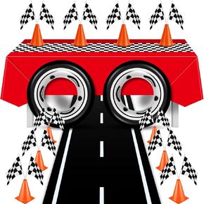 24 Pcs Race Car Theme Birthday Party Supplies, 8 Pcs Traffic Cones, 12 Black and White Checkered Flags, 2 Inflatable Tire Tubes, Black Floor Runner, Checkered Tablecloth(Vivid Style)