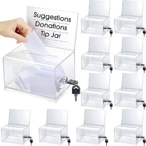 Chunful 6 Pcs Acrylic Donation Box with Lock and Sign Holder Clear Ballot Donation Boxes with Slot for Fundraising Suggestion Box Storage Container for Voting, Raffle Bowl, Tip Jar